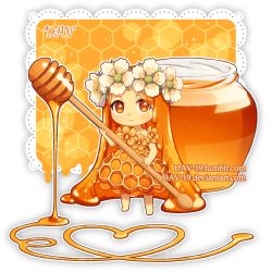 Rule 34 | 1girl, artist name, bare arms, barefoot, chibi, closed mouth, commentary, dav-19, dress, flower, food-themed clothes, forehead, full body, hair flower, hair ornament, holding, honey, jar, lace background, long hair, looking at viewer, orange dress, orange flower, orange hair, original, parted bangs, personification, smile, solo, standing, transparent background, tumblr username, two-handed, very long hair, watermark, web address, white flower
