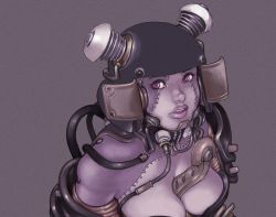 Rule 34 | 1girl, bad id, bad pixiv id, breasts, cleavage, helmet, kusagami style, large breasts, original, parted lips, purple eyes, solo, stitches