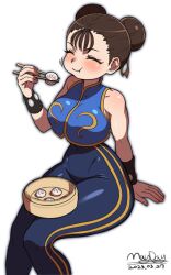 Rule 34 | 1girl, absurdres, arm support, bare shoulders, blush, bodysuit, bracelet, breasts, brown eyes, brown hair, capcom, chun-li, closed eyes, covered navel, cowboy shot, double bun, eating, food, hair bun, hair ribbon, highres, jewelry, large breasts, maydaykiki, ribbon, simple background, sitting, smile, solo, spiked bracelet, spikes, street fighter, white background, wide hips