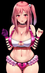 Rule 34 | 1girl, alternate costume, bare shoulders, bikini, black background, breasts, choker, cleavage, cleavage cutout, clothing cutout, collarbone, cowboy shot, crop top, curvy, dead or alive, female focus, frilled bikini, frills, gloves, hair ornament, hands up, highres, honoka (doa), ishimiso (ishimura), large breasts, long hair, looking at viewer, navel, official alternate costume, one side up, open mouth, pink hair, purple gloves, red eyes, sidelocks, single glove, solo, standing, stomach, swimsuit, tongue