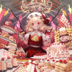 Rule 34 | 1girl, :q, ascot, blonde hair, blouse, blueberry, bow, cake, cake slice, cookie, crystal, cup, cupcake, doughnut, flandre scarlet, food, fork, frilled shirt collar, frills, fruit, hair between eyes, hat, hat ribbon, highres, holding, holding fork, holding plate, licking lips, looking at viewer, macaron, mob cap, mochacot, nail polish, pancake, pancake stack, pastry, pie, plate, puffy short sleeves, puffy sleeves, red bow, red eyes, red nails, red ribbon, red skirt, red vest, ribbon, shirt, short sleeves, skirt, skirt set, solo, spoon, strawberry, strawberry shortcake, sweets, tart (food), teacup, tiered tray, tongue, tongue out, touhou, vest, white hat, white shirt, wings, wrist cuffs