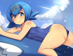 Rule 34 | 1girl, alternate color, ass, bare arms, bare legs, bare shoulders, blue eyes, blue hair, blue one-piece swimsuit, blue sky, blush, body blush, breasts, bright pupils, closed mouth, cloud, cloudy sky, collarbone, contrail, covered navel, creatures (company), day, eyelashes, flipped hair, game freak, gen 7 pokemon, hair between eyes, hairband, hinghoi, lana (pokemon), light particles, looking away, looking to the side, lying, nintendo, on side, one-piece swimsuit, outdoors, pokemon, pokemon (creature), pokemon sm, riding, riding pokemon, shiny skin, short hair, sky, small breasts, smile, swimsuit, trial captain, white pupils, wishiwashi, wishiwashi (school)