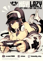Rule 34 | 1girl, bare shoulders, between breasts, black hair, black thighhighs, breasts, cleavage, controller, fishine, food, game controller, hat, headphones, headphones around neck, high tops, jacket, lanmei, large breasts, long hair, looking at viewer, lying, muted color, nail polish, necktie, necktie between breasts, off shoulder, on stomach, original, pocky, ponytail, purple eyes, shoes, sleeves past wrists, sneakers, solo, the pose, thighhighs, white nails