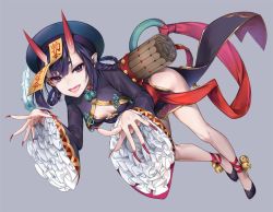Rule 34 | 1girl, beret, black dress, blush, breasts, chinese clothes, cleavage cutout, clothing cutout, commentary request, dress, eyeliner, fate/grand order, fate (series), fingernails, full body, grey background, hair rings, hat, heroic spirit chaldea park outfit, horns, jiangshi, kaguyuzu, leaning forward, legs, long fingernails, long sleeves, looking at viewer, makeup, nail polish, ofuda, oni, open mouth, outstretched arms, peacock feathers, pelvic curtain, purple eyes, purple hair, qingdai guanmao, short eyebrows, short hair, shuten douji (fate), shuten douji (festival outfit) (fate), side slit, skin-covered horns, small breasts, smile, solo, thighs, very long fingernails, zombie pose