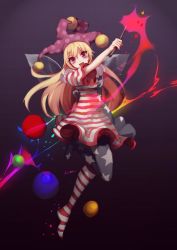 Rule 34 | 1girl, american flag dress, american flag legwear, american flag shirt, bad id, bad twitter id, blonde hair, clownpiece, dress, fairy wings, full body, gradient background, hat, jester cap, jpeg artifacts, long hair, looking at viewer, no-kan, open mouth, pantyhose, print pantyhose, purple eyes, short dress, short sleeves, smile, solo, star (symbol), striped clothes, striped dress, touhou, wings