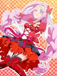 Rule 34 | 1girl, blush, boots, breasts, choker, cure felice, detached sleeves, dress, earrings, gloves, ha-chan (mahou girls precure!), hanami kotoha, happy, jewelry, long hair, looking at viewer, magical girl, mahou girls precure!, one eye closed, pink hair, precure, puffy sleeves, red dress, red footwear, red skirt, red thighhighs, ruby style, skirt, small breasts, smile, solo, thigh boots, thighhighs, tj-type1, twintails, white gloves