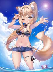 Rule 34 | 1girl, :3, absurdres, ahoge, animal, animal ears, bikini, blonde hair, blush, bracelet, cat ears, cat girl, cat tail, choker, commentary, criss-cross halter, day, fang, front-tie bikini top, front-tie top, hair ornament, halterneck, heart, heart hair ornament, highres, jewelry, lee jooin, leg ribbon, long hair, looking at viewer, micro shorts, mirami (tatarim39), mouse (animal), ocean, one eye closed, open mouth, ponytail, reaching, reaching towards viewer, ribbon, shorts, sky, smile, solo, splashing, sun glare, swimsuit, symbol-only commentary, tail, thigh ribbon, v-lup, very long hair, virtual youtuber, wading, wet