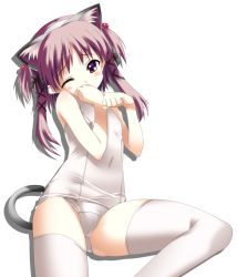 Rule 34 | 00s, 1girl, animal ears, blush, cat ears, cat tail, derivative work, flat chest, nanako (to heart 2), one-piece swimsuit, purple eyes, purple hair, ribbon, rindou (awoshakushi), school swimsuit, short twintails, small breasts, solo, swimsuit, tail, thighhighs, to heart (series), to heart 2, to heart 2 ad, twintails, white school swimsuit, white one-piece swimsuit