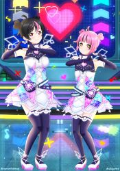 Rule 34 | 2girls, absurdres, ad (diaja1414), alternate hairstyle, analog heart (love live!), artist name, artist request, bag, bare shoulders, belt, belt pouch, black gloves, black hair, black thighhighs, blunt bangs, blush, breasts, brown eyes, cross-laced clothes, cross-laced dress, diamond (shape), double bun, double horizontal stripe, dress, dress shirt, elbow gloves, eyebrows hidden by hair, fake wings, female focus, fingerless gloves, flat chest, floral print, full body, gloves, hair bun, handbag, heart, heart (symbol), heart hands, heart print, high collar, high heels, highres, looking at viewer, love live!, love live! nijigasaki high school idol club, love live! school idol festival, love live! school idol festival all stars, medium breasts, miniskirt, multicolored clothes, multicolored dress, multicolored hair, multiple girls, musical note, on stage, parted lips, pink eyes, pink hair, plaid, plaid skirt, pleated, pleated skirt, pouch, shirt, short hair, skirt, sleeveless, sleeveless dress, small breasts, smile, stage, stage lights, stairs, standing, tennoji rina, thighhighs, white footwear, white skirt, wings, yellow eyes