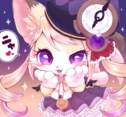 Rule 34 | 1boy, :3, artist name, blonde hair, blush, body fur, bow, bowtie, cat busters, cat tail, chrona (cat busters), clock, commentary request, dress, fang, furry, furry male, gloves, gradient background, hands on own face, hat, heart, looking at viewer, male focus, open mouth, purple eyes, pyon ko, slit pupils, solo, sparkle print, spoken heart, tail, trap, twintails, whiskers