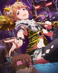 Rule 34 | 10s, 1girl, :d, alternate eye color, animal print, armlet, black thighhighs, bracelet, brown hair, chain, club, club (weapon), fake horns, horns, idolmaster, idolmaster million live!, jewelry, kanabou, lightning, multiple boys, navel, official art, oni, oni horns, open mouth, red eyes, setsubun, smile, solo focus, spiked club, tenkuubashi tomoka, thighhighs, tiger print, weapon