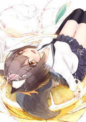 Rule 34 | 1girl, :d, absurdres, animal ear fluff, animal ears, arm support, arm up, black neckwear, black thighhighs, blue skirt, blush, breasts, brown eyes, brown hair, collarbone, commentary, hair between eyes, hair ornament, hairclip, highres, leaning back, long sleeves, looking at viewer, mayogii, open mouth, original, pleated skirt, sailor collar, school uniform, serafuku, shirt, skirt, small breasts, smile, solo, symbol-only commentary, tail, thighhighs, white background, white sailor collar, white shirt