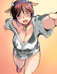 Rule 34 | 10s, 1girl, animal ears, animal print, bell, neck bell, bottomless, breasts, brown eyes, brown hair, cleavage, collar, cow ears, cow horns, cow print, closed eyes, female focus, from above, happy, headset, horns, huge breasts, idolmaster, idolmaster cinderella girls, large breasts, off shoulder, oikawa shizuku, open mouth, short hair, solo, sweater, thighs, tsuda nanafushi