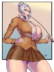 Rule 34 | 1girl, ass, breasts, choker, cleavage, covered erect nipples, formal, glasses, gluteal fold, grey hair, hair bun, highres, large breasts, lips, prison school, riding crop, shiny clothes, shiny skin, shiraki meiko, single hair bun, skirt, solo, suit, tesan, thick thighs, thighs, thong, whip
