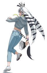 Rule 34 | 1girl, absurdres, animal ear fluff, animal ears, belt, black hair, blue pants, brown eyes, chapman&#039;s zebra (kemono friends), clothing cutout, commentary, extra ears, from behind, full body, grey shirt, highres, kemono friends, long hair, long sleeves, looking at viewer, looking back, multicolored hair, pants, shirt, shoes, simple background, solo, tail, tail through clothes, tanabe (fueisei), two-tone hair, very long hair, white background, white hair, wristband, zebra ears, zebra girl, zebra tail