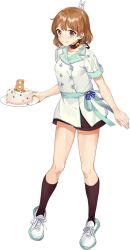 Rule 34 | 1girl, alternate costume, blush, brown eyes, buttons, cake, collarbone, drew (drew213g), food, full body, holding, holding plate, kantai collection, kneehighs, light brown hair, oboro (kancolle), official art, open mouth, plate, shirt, shoes, short hair, short sleeves, shorts, smile, sneakers, socks, solo, transparent background, white socks, white shirt, yellow shorts