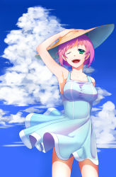 Rule 34 | 1girl, absurdres, aqua eyes, armpits, bad id, bad pixiv id, bob cut, breasts, cloud, collarbone, day, dress, female focus, gradient background, hat, highres, holding, holding clothes, holding hat, large breasts, momore (peaches), one eye closed, open mouth, original, outdoors, pink hair, short hair, sky, smile, solo, straw hat, sundress, wind, wink