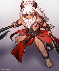 Rule 34 | 1boy, asterios (fate), axe, beard, black sclera, chibi, colored sclera, cuffs, demon horns, facial hair, fate/grand order, fate (series), fighting stance, full body, geulim (m0m030m), handcuffs, highres, holding, holding axe, horns, long beard, long hair, looking at viewer, male focus, muscular, muscular male, no mouth, pectorals, pelvic curtain, red eyes, scar, scar on leg, solo, thighs, topless male, very long beard, white hair