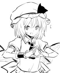 Rule 34 | 1girl, ascot, bat wings, brooch, fang, greyscale, happy, hat, hat ribbon, jewelry, leon (mikiri hassha), looking at viewer, mob cap, monochrome, open mouth, puffy short sleeves, puffy sleeves, remilia scarlet, ribbon, short hair, short sleeves, smile, solo, steepled fingers, touhou, wings, wrist cuffs