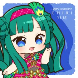 Rule 34 | 1girl, :d, blue background, blue eyes, blue gemstone, blunt bangs, blunt ends, blush, bodystocking, border, character name, chibi, chii (chi pppuri), commentary request, cowboy shot, gem, green hair, hairband, hand up, happy birthday, idol clothes, long hair, looking at viewer, open mouth, outside border, peacock feathers, pretty series, pripara, red hairband, red shirt, red skirt, shirt, skirt, smile, solo, standing, tsukikawa chili, two side up, white border