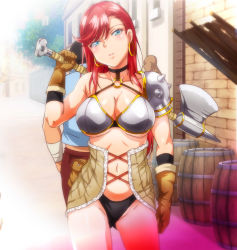 Rule 34 | 1girl, armor, axe, black panties, blue eyes, breasts, brown gloves, choker, cleavage, collarbone, earrings, gloves, gluteal fold, groin, highres, holding, holding axe, isekai yaricir: omae no mono wa ore no mono, jewelry, large breasts, long hair, looking at viewer, navel, o-ring, onee-san (isekai yaricir), outdoors, panties, red hair, screencap, standing, stitched, stomach, thighs, third-party edit, underwear, weapon