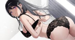 Rule 34 | 1girl, adjusting clothes, ass, black hair, bra, breasts, curtains, from behind, hair ornament, hairclip, highres, lace trim, large breasts, lingerie, looking at viewer, looking back, medium hair, original, panties, partially undressed, purple eyes, solo, totty tsuka, underwear, white bra
