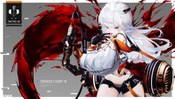 Rule 34 | 1girl, bare shoulders, black gloves, blood, blood from mouth, blood on breasts, bloody wings, choker, dated, dripping, english text, glitch, gloves, hair between eyes, highres, holding, holding sword, holding weapon, id card, jacket, l ract, licking, licking finger, long hair, multicolored clothes, multicolored gloves, navel, off-shoulder jacket, off shoulder, orange gloves, original, piercing, red eyes, science fiction, solo, sword, tongue, tongue out, tongue piercing, vial, weapon, white hair, white jacket, wings, wristband