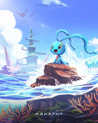Rule 34 | :d, blue eyes, character name, cloud, commentary, copyright name, coral, creatures (company), day, game freak, gen 3 pokemon, gen 4 pokemon, highres, kelvin-trainerk, legendary pokemon, manaphy, mythical pokemon, nintendo, no humans, open mouth, outdoors, partially underwater shot, pelipper, pokemon, pokemon (creature), silhouette, sky, smile, tongue, twitter username, water, wingull