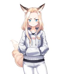 Rule 34 | 1girl, animal ear fluff, animal ears, blonde hair, blue eyes, blush, closed mouth, collarbone, denim, drawstring, ear piercing, fang, fang out, fox ears, fox tail, gluteal fold, hands in pockets, highres, hood, hoodie, jeans, lips, long hair, long sleeves, looking at viewer, nosuku, original, pants, piercing, simple background, solo, standing, tail, white background, white pants