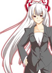 Rule 34 | 1girl, bad id, bad pixiv id, bow, female focus, formal, fujiwara no mokou, hair bow, hand on own hip, hip focus, long hair, maxwell manzoku, nagomineco, pant suit, pants, pink eyes, silver hair, smile, solo, suit, touhou, very long hair