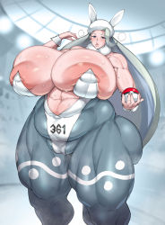 Rule 34 | 1girl, abs, adapted costume, alternate breast size, areola slip, big hair, bodysuit, breasts, cameltoe, cleavage, creatures (company), eye contact, game freak, giant, giantess, gigantic breasts, half-closed eyes, hat, heavy breathing, highres, huge areolae, inverted nipples, large areolae, long hair, looking at another, looking at viewer, melony (pokemon), muscular, muscular female, natedecock, nervous sweating, nintendo, plump, pokemon, pokemon swsh, silver hair, solo, standing, sweat, thick thighs, thigh gap, thighs, wide hips