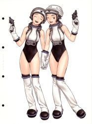 Rule 34 | 2girls, futurhythm, gun, helmet, highres, holding hands, multiple girls, murata range, science fiction, siblings, simple background, sisters, spacesuit, standing, twins, weapon, white background
