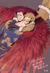 Rule 34 | 2021, 2boys, blonde hair, blue eyes, bodysuit, boku no hero academia, couple, endeavor (boku no hero academia), facial hair, feathered wings, feet out of frame, hawks (boku no hero academia), hug, large pectorals, lying, male focus, mature male, multiple boys, muscular, muscular male, on back, pectorals, red hair, red wings, scar, scar across eye, scar on face, short hair, sideburns, spiked hair, spread wings, stubble, torio (torrie skm), wings, yaoi
