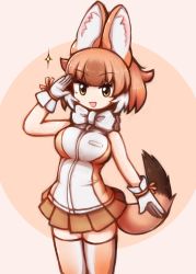 Rule 34 | 1girl, animal ear fluff, animal ears, aticotta, blush, bow, bowtie, breasts, brown eyes, brown hair, brown skirt, brown thighhighs, dhole (kemono friends), gloves, kemono friends, large breasts, looking at viewer, multicolored hair, open mouth, pleated skirt, salute, short hair, skirt, smile, solo, tail, thighhighs, white bow, white bowtie, white gloves, white hair