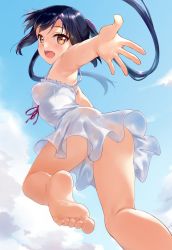 Rule 34 | 1girl, :d, ass, bad id, bad pixiv id, bare shoulders, barefoot, black hair, blue sky, blush, breasts, brown eyes, cloud, commentary request, day, dress, english text, feet, from behind, highres, jumping, k-on!, looking back, medium breasts, menyoujan, nakano azusa, no bra, no panties, open mouth, ribbon, sky, smile, soles, solo, striped, toes, twintails, white dress