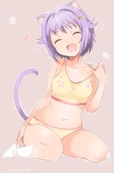 Rule 34 | 1girl, animal ears, arm at side, artist name, bare arms, bare shoulders, bed sheet, blush, bra, breasts, cat ears, cat tail, closed eyes, clothes writing, collarbone, commentary request, fang, feet, full body, hair ornament, hairclip, head tilt, heart, highres, idolmaster, idolmaster cinderella girls, inoue sora, kemonomimi mode, kneehighs, koshimizu sachiko, leaning to the side, light purple hair, nail polish, navel, no shoes, open mouth, orange nails, panties, pulled by self, revision, round teeth, short hair, simple background, sitting, small breasts, smile, socks, solo, stomach, strap pull, tail, tail raised, teeth, training bra, translated, underwear, underwear only, wariza, white socks, yellow panties