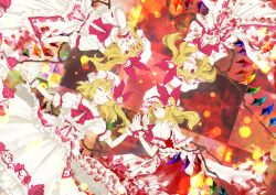 Rule 34 | alternate costume, azuma kazamori, blonde hair, blood, blood on clothes, blood on hands, bow, bowtie, checkered background, closed mouth, flandre scarlet, floral print, four of a kind (touhou), frilled skirt, frills, hair between eyes, hat, highres, medium hair, mob cap, multicolored wings, one side up, open mouth, print skirt, puffy short sleeves, puffy sleeves, red bow, red bowtie, red eyes, red skirt, red vest, rose print, shirt, short sleeves, skirt, skirt set, touhou, upside-down, vest, white headwear, white shirt, white skirt, wings, wrist cuffs