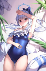 Rule 34 | 1girl, arm on own head, blue archive, blue bow, blue halo, blue one-piece swimsuit, bow, breasts, covered navel, frilled one-piece swimsuit, frills, hair bow, halo, hand on own stomach, highres, innertube, long hair, looking at viewer, lying, miyako (blue archive), miyako (swimsuit) (blue archive), off-shoulder one-piece swimsuit, off shoulder, official alternate costume, on back, on floor, one-piece swimsuit, parted lips, ponytail, purple eyes, qoray7, small breasts, solo, swim ring, swimsuit, two-tone one-piece swimsuit, unworn shirt, very long hair, white hair