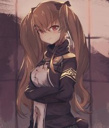 Rule 34 | 1girl, 404 logo (girls&#039; frontline), armband, artist request, blouse, brown eyes, brown hair, crossed arms, girls&#039; frontline, hair between eyes, hair ribbon, highres, jacket, no scar, pout, ribbon, shirt, solo, twintails, ump9 (girls&#039; frontline), white shirt