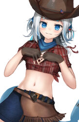 Rule 34 | 1girl, absurdres, advarcher, bandana, belt, belt buckle, black belt, blue eyes, blue hair, blue skirt, braid, brown gloves, brown headwear, buckle, closed mouth, cowboy shot, cowgirl (western), crop top, denim, denim skirt, dutch angle, eyebrows hidden by hair, fingerless gloves, fins, fish tail, fringe trim, gawr gura, gloves, hair ornament, hands up, highres, hololive, hololive english, looking at viewer, midriff, multicolored hair, navel, plaid, plaid shirt, red shirt, shark tail, shirt, short sleeves, simple background, skirt, smile, solo, streaked hair, tail, tied shirt, two side up, virtual youtuber, white background