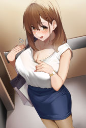 Rule 34 | 1girl, absurdres, bag, blue skirt, blush, breasts, brown eyes, brown hair, cleavage, collarbone, commentary request, fingernails, hair between eyes, highres, holding, holding bag, large breasts, looking at viewer, medium hair, mole, mole under eye, nail polish, office lady, open mouth, original, pantyhose, pencil skirt, red nails, shirt, skirt, sleeveless, sleeveless shirt, solo, standing, sweat, teeth, udon (udonalium), watch, white shirt