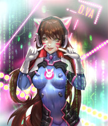 Rule 34 | 1girl, absurdres, animal print, armor, bodysuit, boots, bracer, breasts, breasts apart, brown eyes, brown hair, character name, closed mouth, covered navel, cowboy shot, d.va (overwatch), eyelashes, facepaint, facial mark, finger to face, gloves, grin, hands up, headphones, highres, lips, lipstick, long hair, long sleeves, looking at viewer, makeup, medium breasts, overwatch, overwatch 1, pauldrons, pilot suit, pink lips, rabbit print, ribbed bodysuit, sangrde, shiny clothes, shoulder armor, shoulder pads, skin tight, smile, solo, turtleneck, whisker markings, white footwear, white gloves