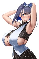 Rule 34 | 1girl, alternate breast size, armpits, arms up, blue eyes, blue hair, blush, breasts, chain, chain headband, cleavage, cleavage cutout, clothing cutout, crop top, earrings, hair intakes, head chain, highres, hololive, hololive english, huge breasts, jewelry, looking at viewer, one eye closed, ouro kronii, ouro kronii (1st costume), roresu, short hair, simple background, solo, striped, sweat, underboob, vertical stripes, virtual youtuber, white background