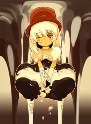 Rule 34 | 1girl, bad id, bad pixiv id, female focus, food, food on face, hat, mm-shoujo, sitting, solo, sujah-tan, white hair, wink