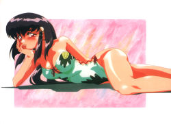 Rule 34 | 1990s (style), 1girl, artist request, blush, breasts, head rest, long hair, lying, masaki aeka jurai, on side, one-piece swimsuit, pink background, purple hair, red eyes, retro artstyle, solo, swimsuit, tenchi muyou!