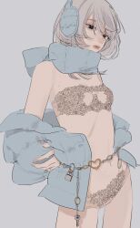 Rule 34 | 1girl, black eyes, blue jacket, blue scarf, bra, closed mouth, earmuffs, highres, jacket, jacket partially removed, lace, lace bra, lace panties, light brown hair, lingerie, long sleeves, looking at viewer, mole, mole under eye, original, panties, scarf, solo, tami moon, underwear