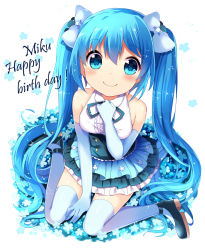 Rule 34 | 1girl, bare shoulders, blue hair, blush, bow, character name, elbow gloves, flower, frilled skirt, frills, gloves, hair bow, happy birthday, hatsune miku, highres, ikari (aor3507), long hair, looking at viewer, simple background, sitting, skirt, smile, solo, thighhighs, twintails, vocaloid, wariza