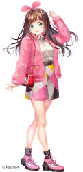 Rule 34 | 1girl, bag, belt, black belt, blue eyes, brown hair, character name, fujima takuya, full body, fur-trimmed jacket, fur trim, hairband, hand up, jacket, kizuna ai, kizuna ai inc., legs, long hair, looking at viewer, multicolored clothes, multicolored skirt, open mouth, pink footwear, pink hairband, pink jacket, shoes, simple background, skirt, smile, socks, solo, standing, sweater, virtual youtuber, white background, white sweater