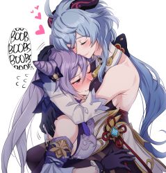 Rule 34 | 2girls, ahoge, arm around neck, bare shoulders, bell, black gloves, blue hair, blush, breasts, closed eyes, closed mouth, cone hair bun, cowbell, detached sleeves, english text, flying sweatdrops, ganyu (genshin impact), genshin impact, gloves, goat horns, hair between eyes, hair bun, hand on another&#039;s head, heart, horns, hug, keqing (genshin impact), long hair, long sleeves, looking at another, multiple girls, neck bell, negom, one eye closed, purple eyes, purple hair, simple background, smile, sweat, sweatdrop, thought bubble, twintails, twitter username, very long hair, vision (genshin impact), white background, yuri