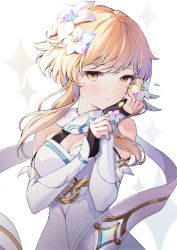 Rule 34 | 1girl, bare shoulders, blonde hair, blush, breasts, commentary request, detached sleeves, dress, fingernails, flower, genshin impact, grey flower, hair flower, hair ornament, hands up, highres, long sleeves, looking to the side, lumine (genshin impact), medium breasts, open mouth, petals, purple flower, rumi (rarumi11), short hair, short hair with long locks, sidelocks, simple background, solo, star (symbol), tears, white background, white dress, white flower, yellow eyes, yellow flower